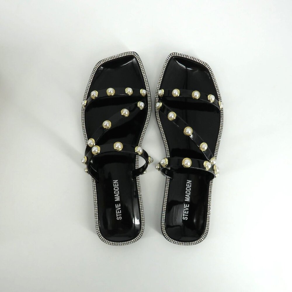 Steve Madden Black Strappy Sandals W/ Faux Pearls & Rhinestones Size 7 NIB
